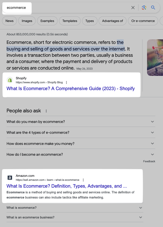 S،pify and Amazon rank first and second on Google SERP for "ecommerce" search