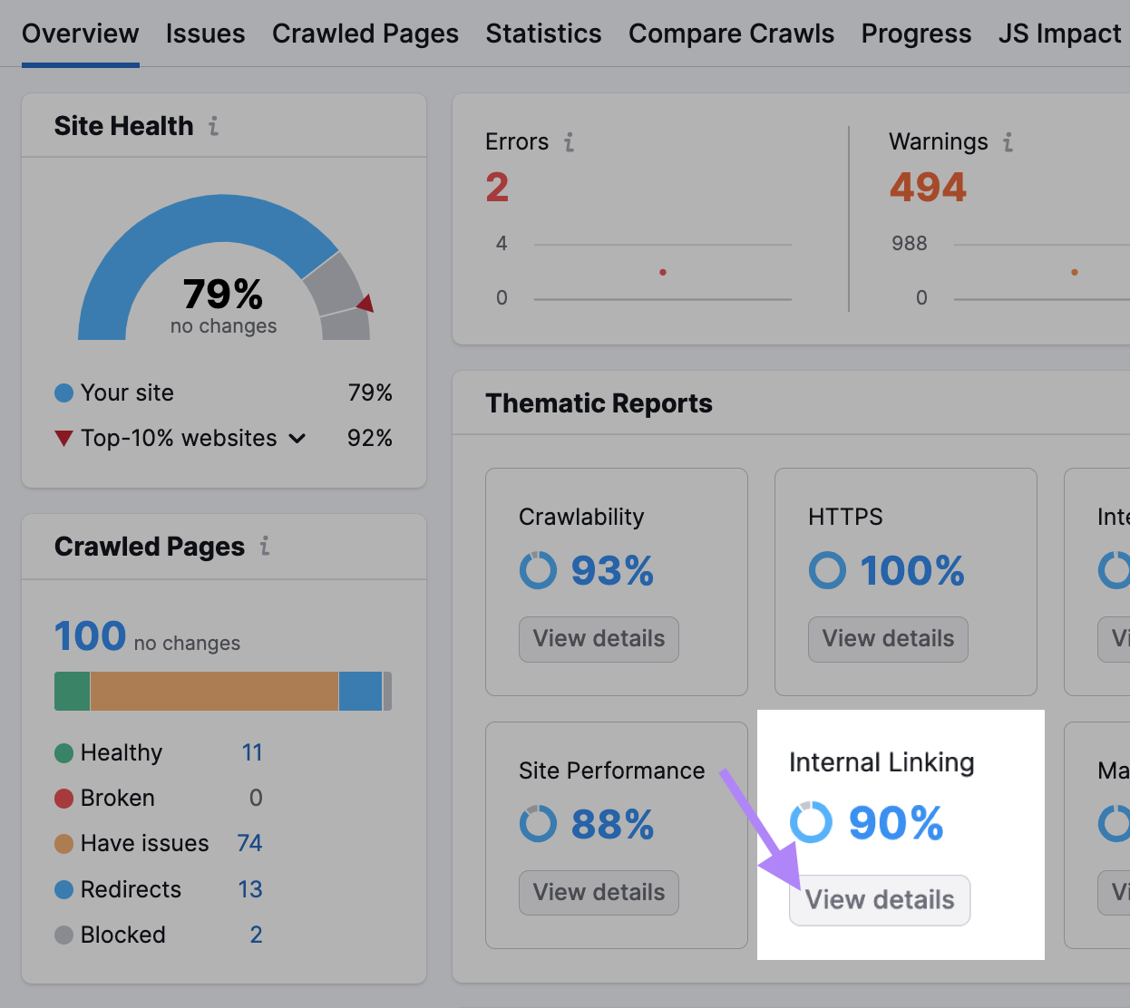“Internal Linking” widget in Site Audit overview report