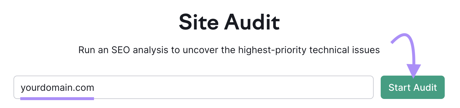 Site Audit instrumentality commencement pinch a domain entered and "Start Audit" clicked.