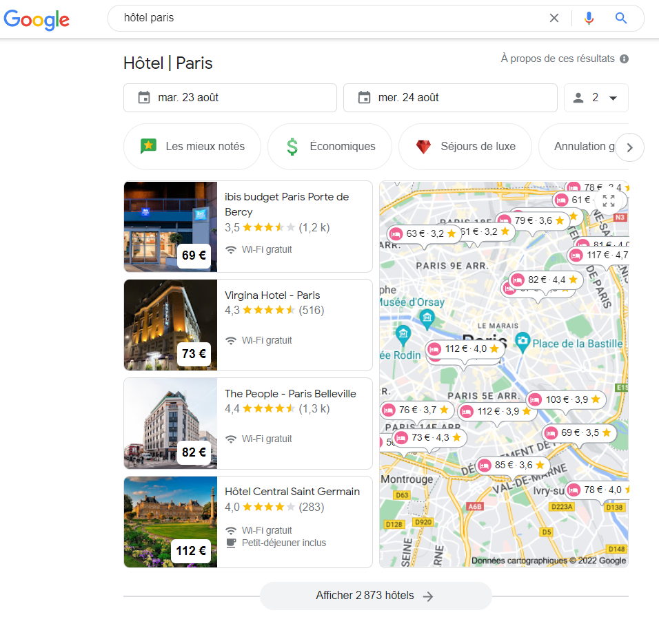 Exemple de fonctionnalité SERP Hôtels