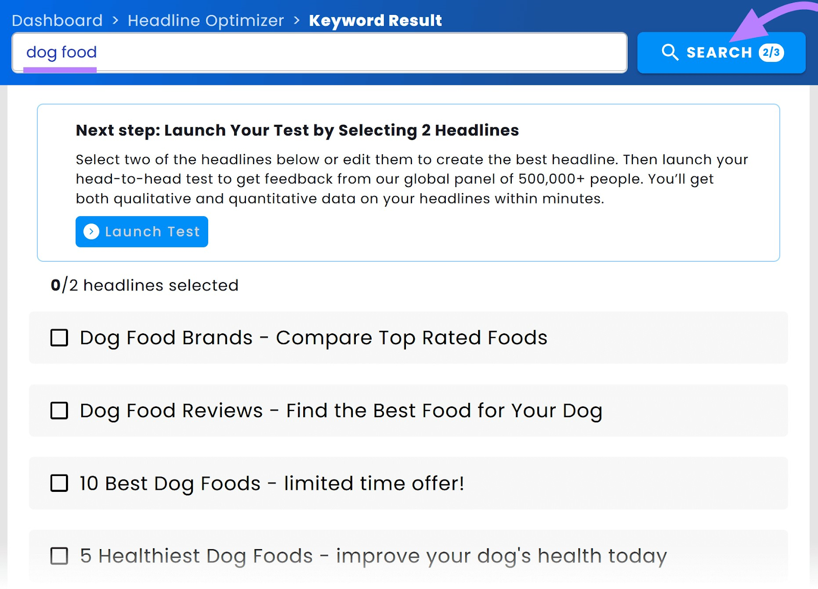 example of Headline Optimizer tool generating several headline ideas for "dog food"