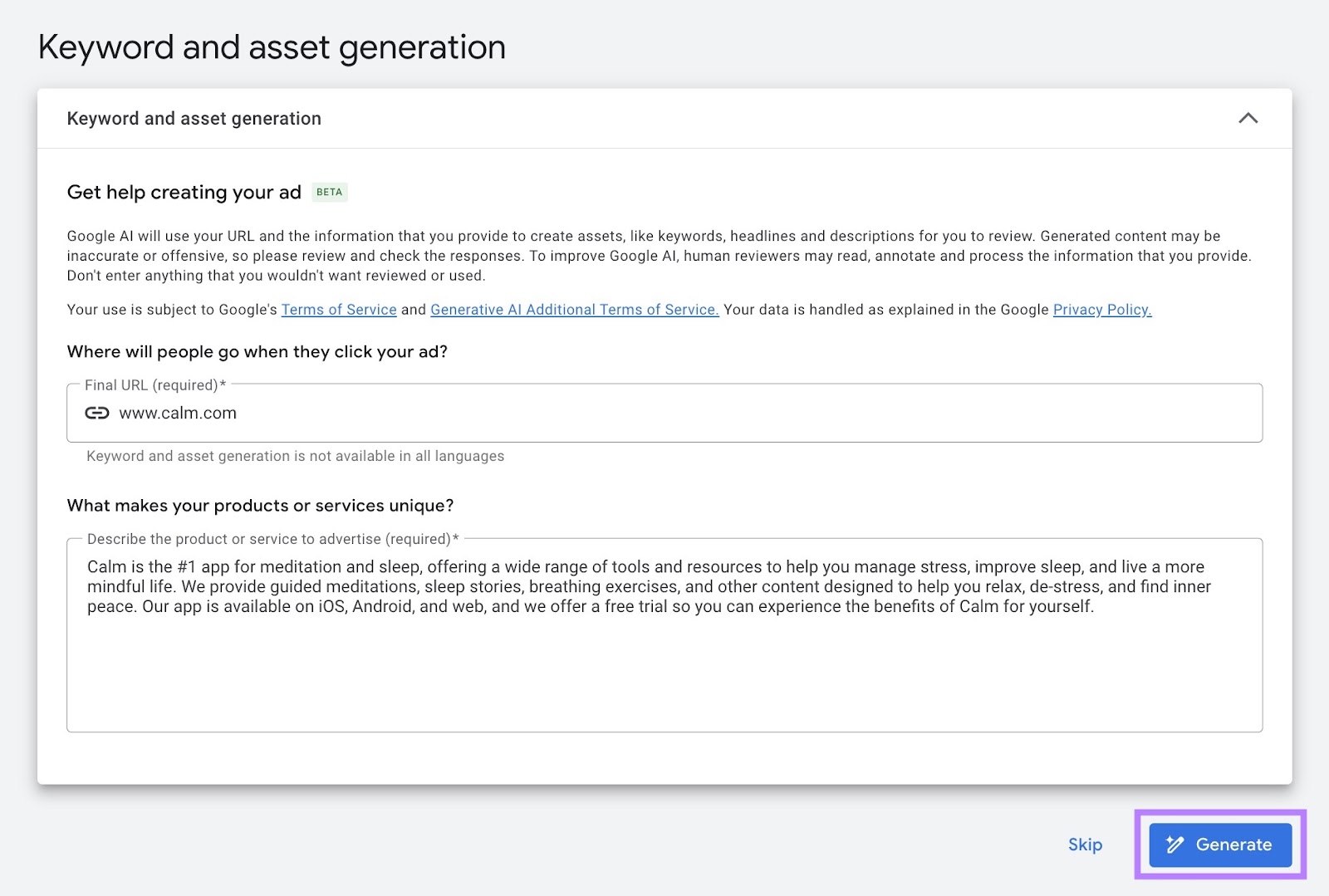 Keyword and asset generation window on Google Ads with the "Generate" button highlighted.