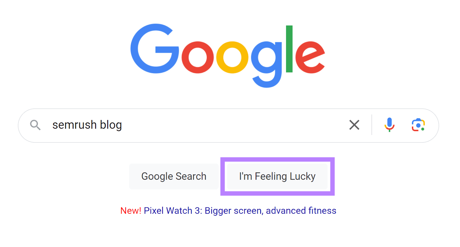 Google search bar with 'semrush blog' entered and "I'm Feeling Lucky" button highlighted