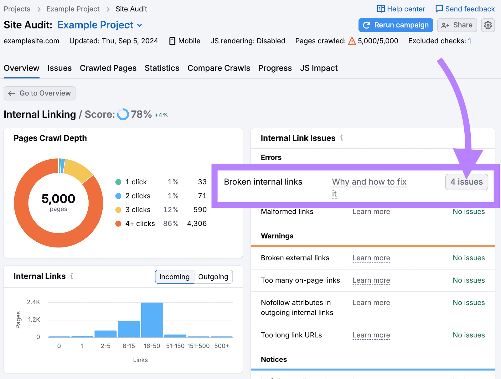 internal linking report with the "Broken internal links" error highlighted