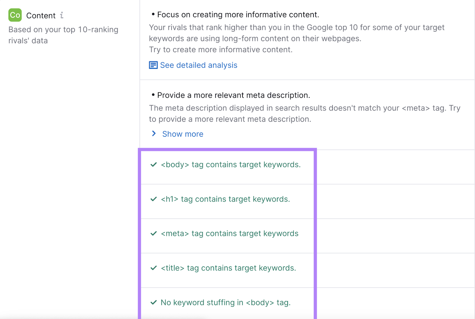 On Page SEO Checker shows checks for people     keywords successful  body, h1, meta, and title. And checks against keyword stuffing.