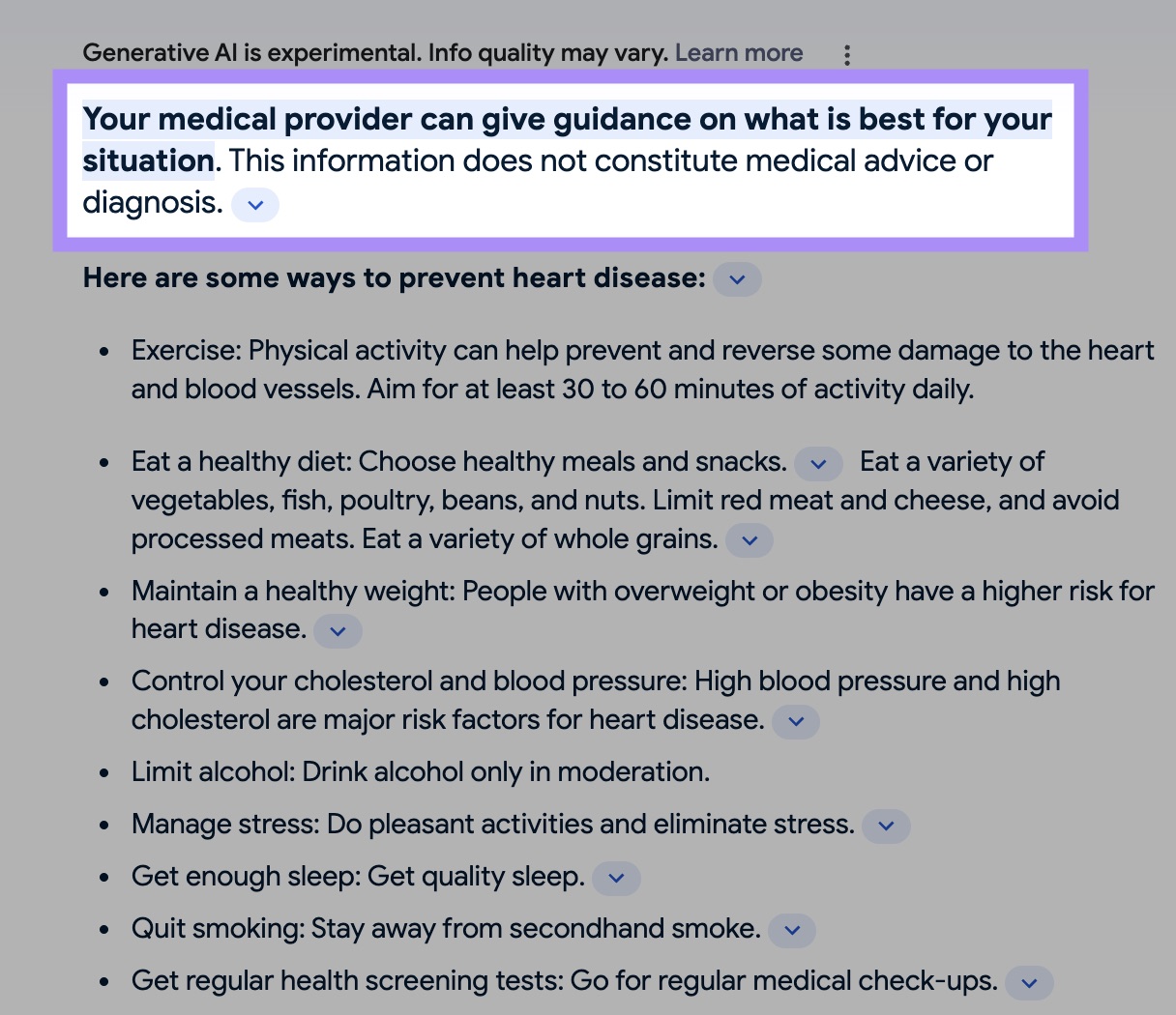 Google SGE disclaimer that reads "Your medical provider can give guidance on what if best for your situation. This information does not constitute medical advice or diagnosis.”