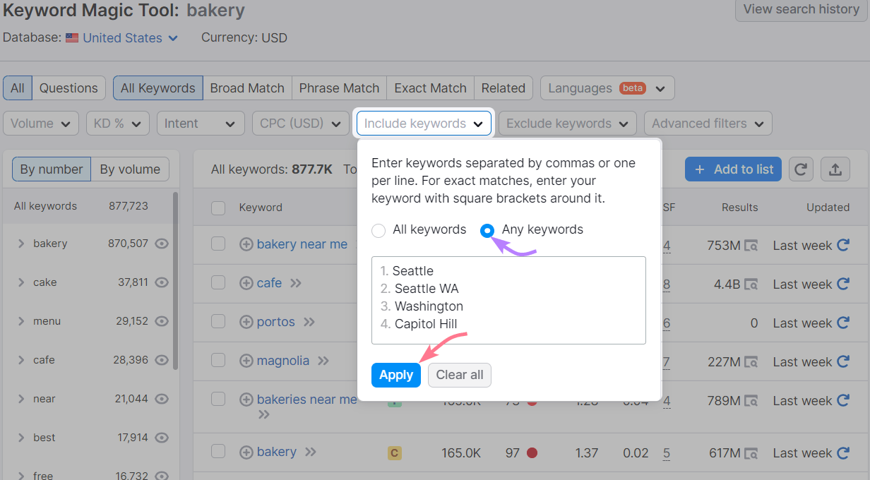 "Seattle," "Seattle WA," "Washington," and "Capitol Hill" keywords added to "include keywords" filter