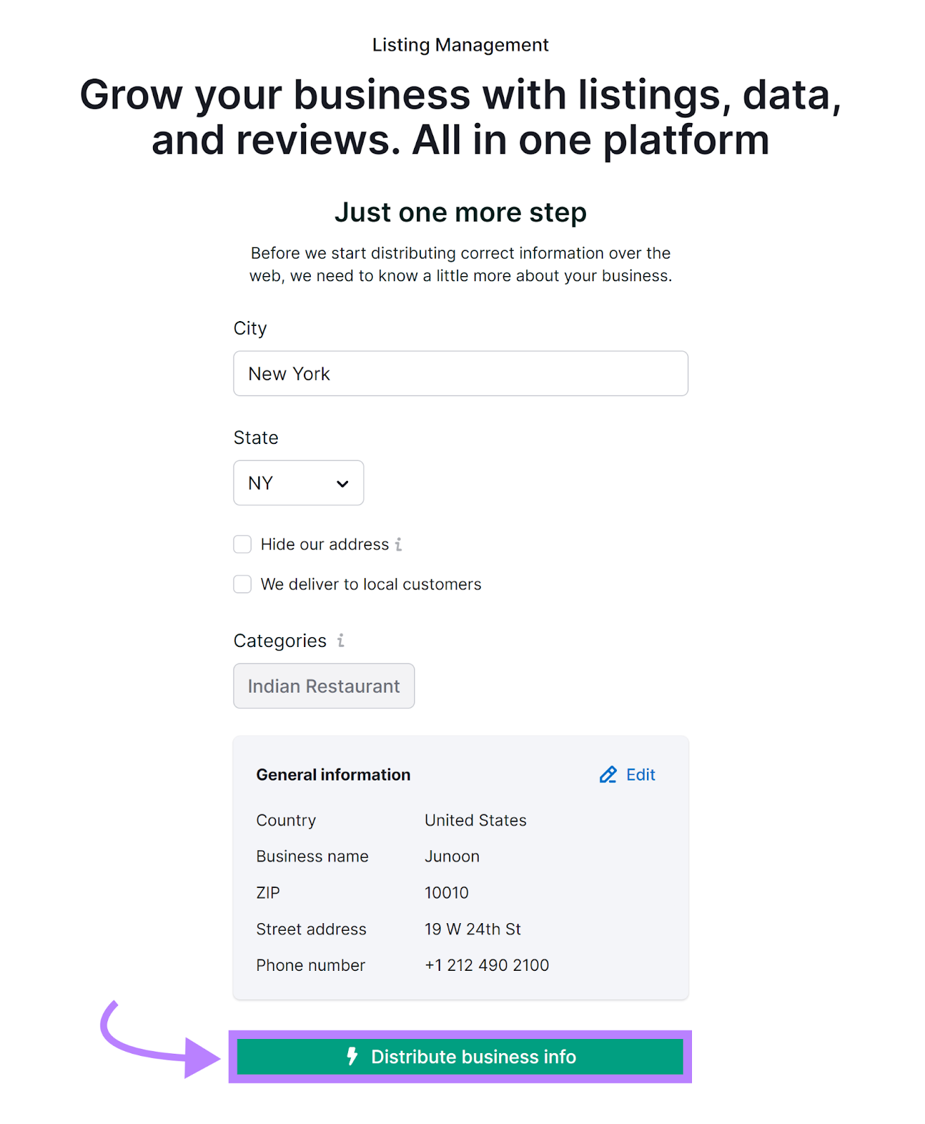 Listing Management business information edit step with Distribute business info button highlighted