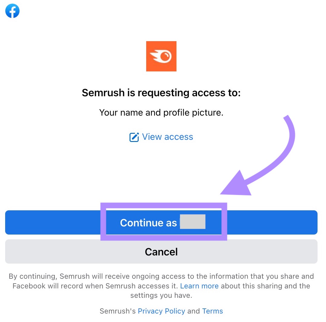 Authorize Semrush to entree  to entree  your Facebook Account