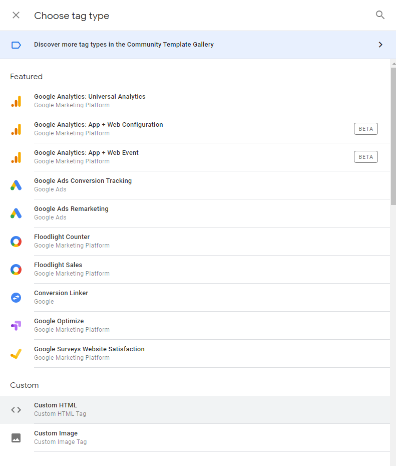 Choosing tag type in Google Tag Manager screenshot