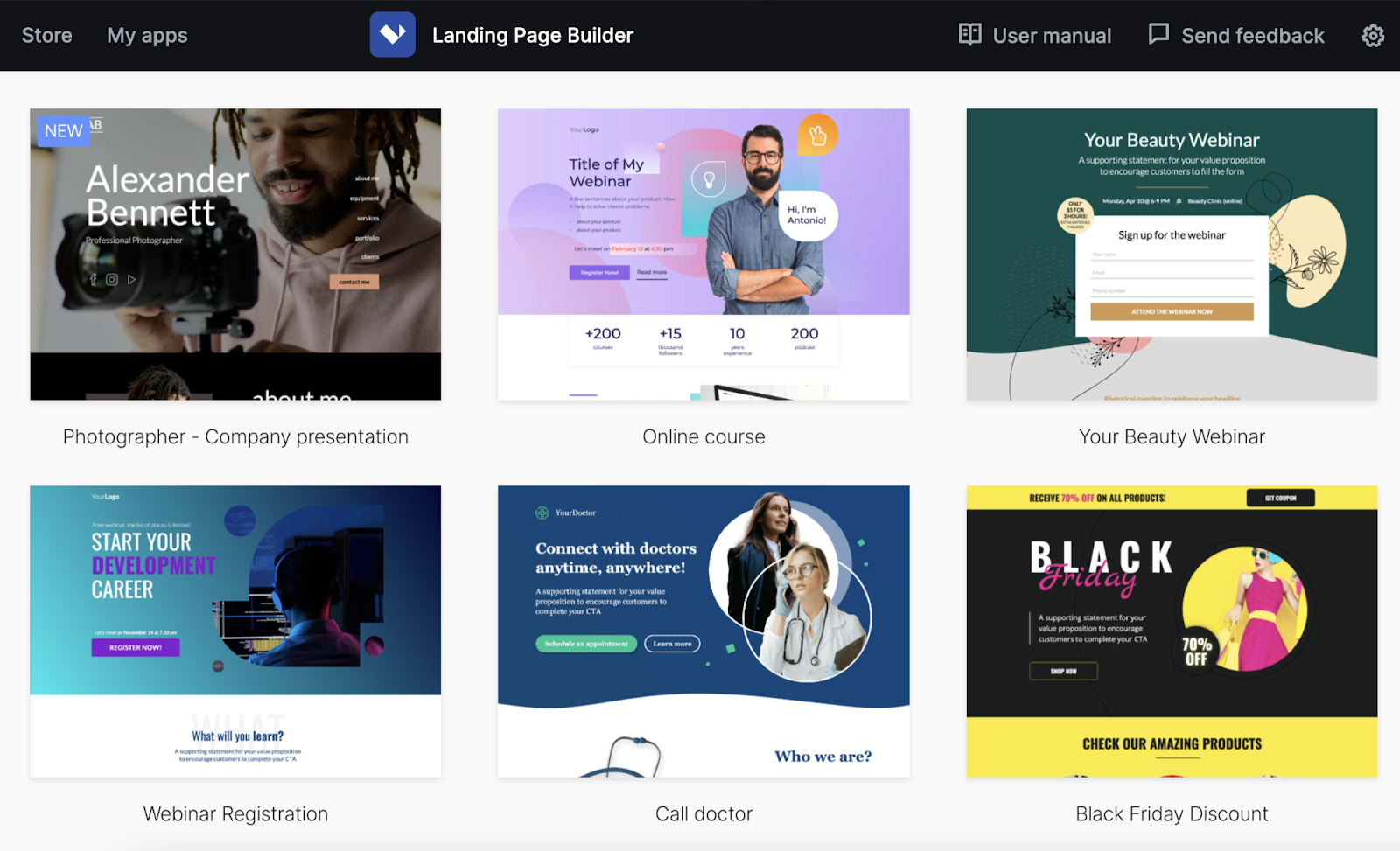 Landing Page Builder instrumentality   has a template library