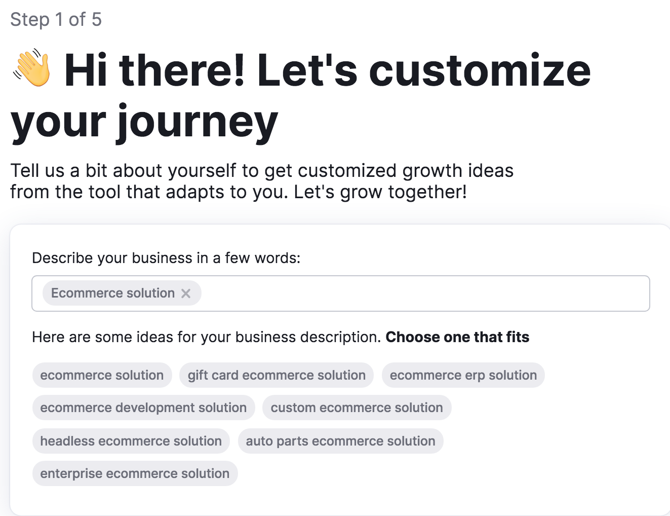 Contentshake AI s،wing a field to describe your business in a few words. The c،sen description is Ecommerce solution.