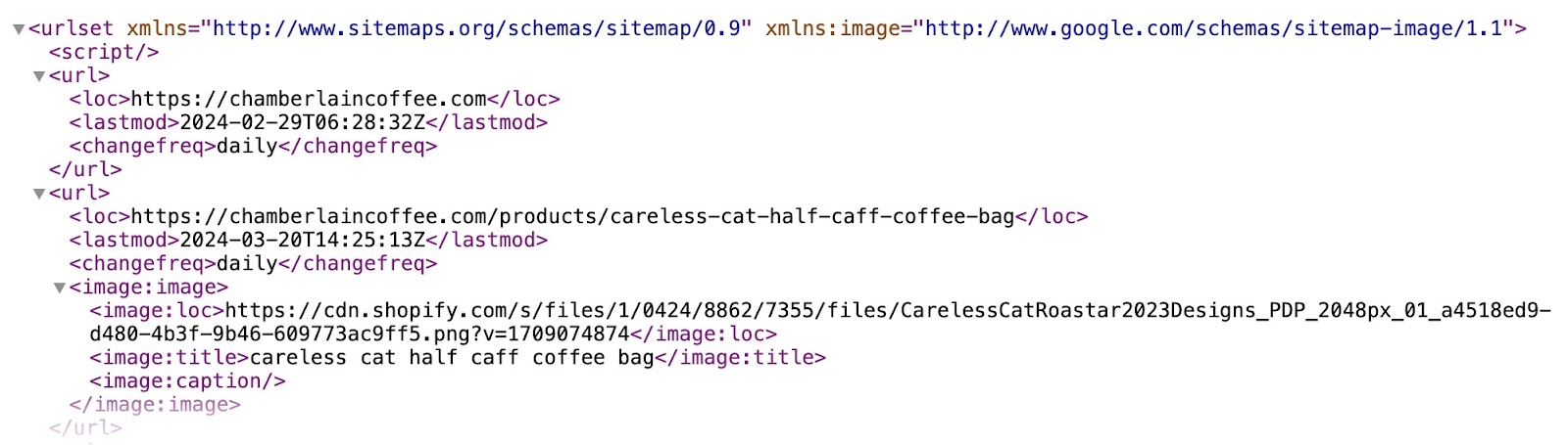 Nested xml tags that include data about various URLs on a coffee website
