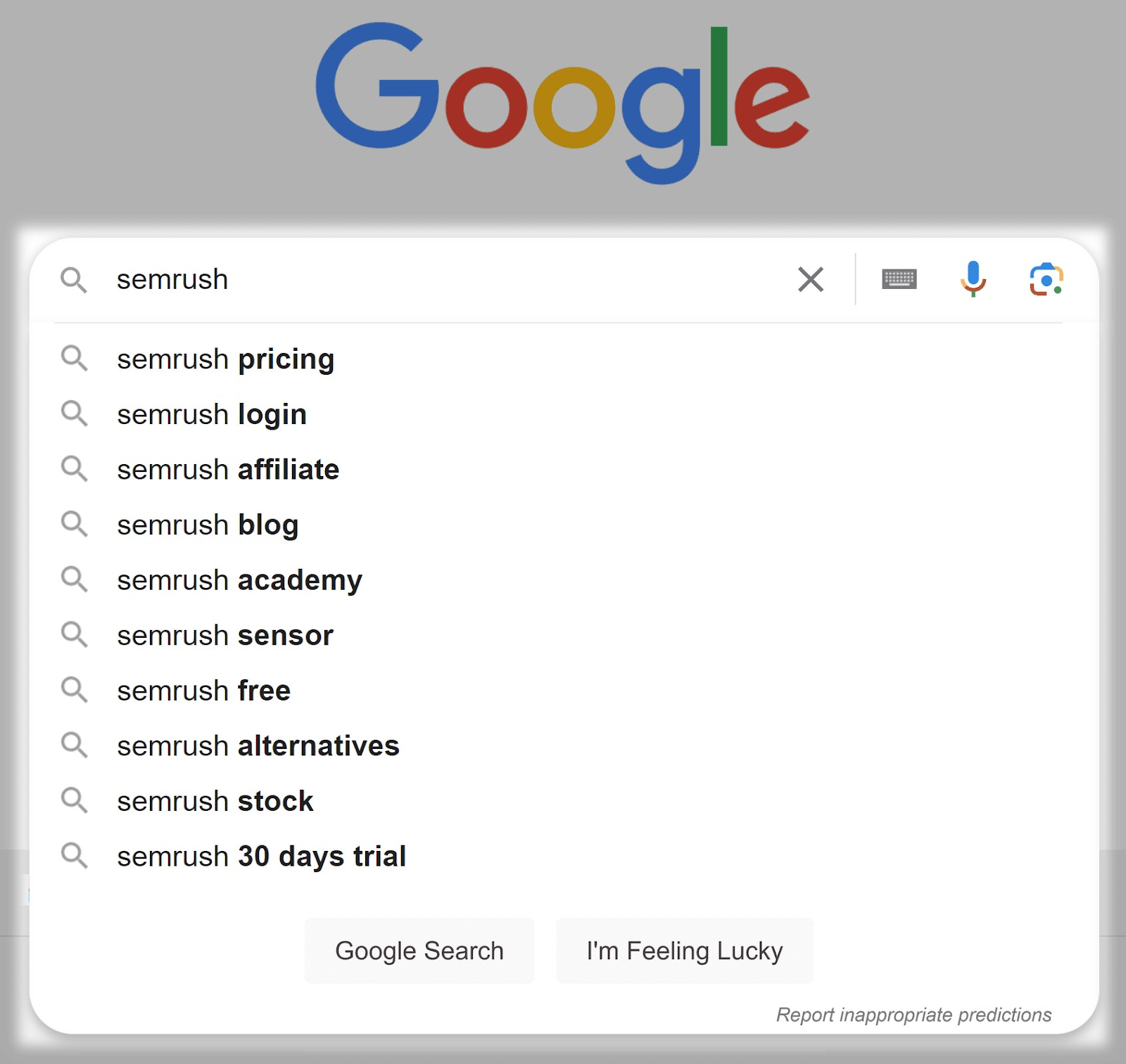 Google autocomplete suggestions when typing “semrush” into the search bar
