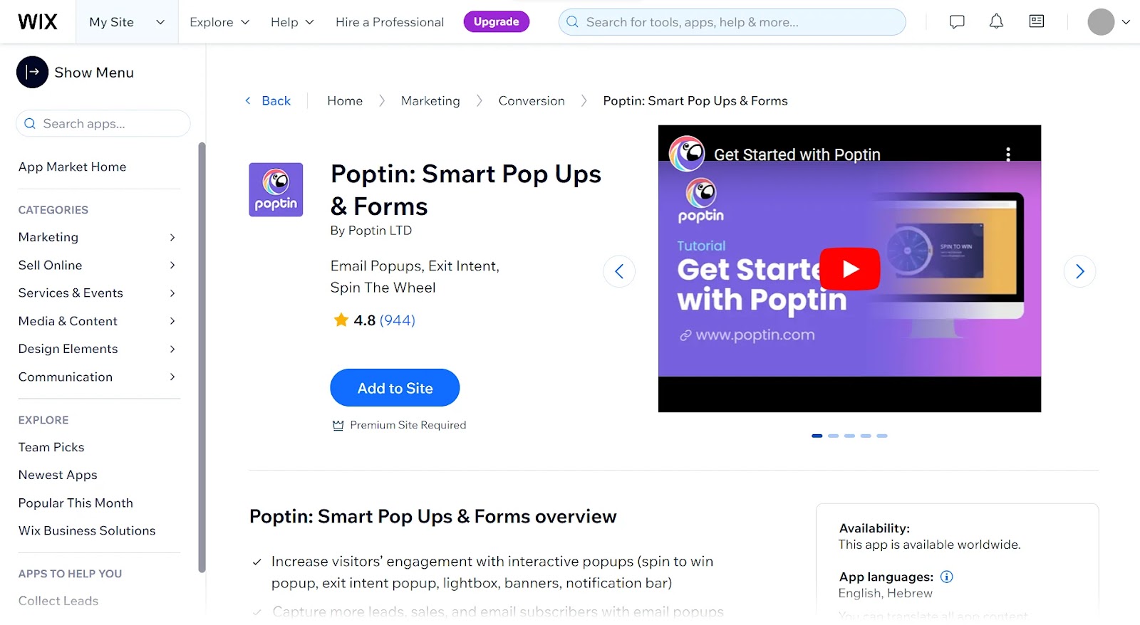 Poptin app shown in Wix App Market