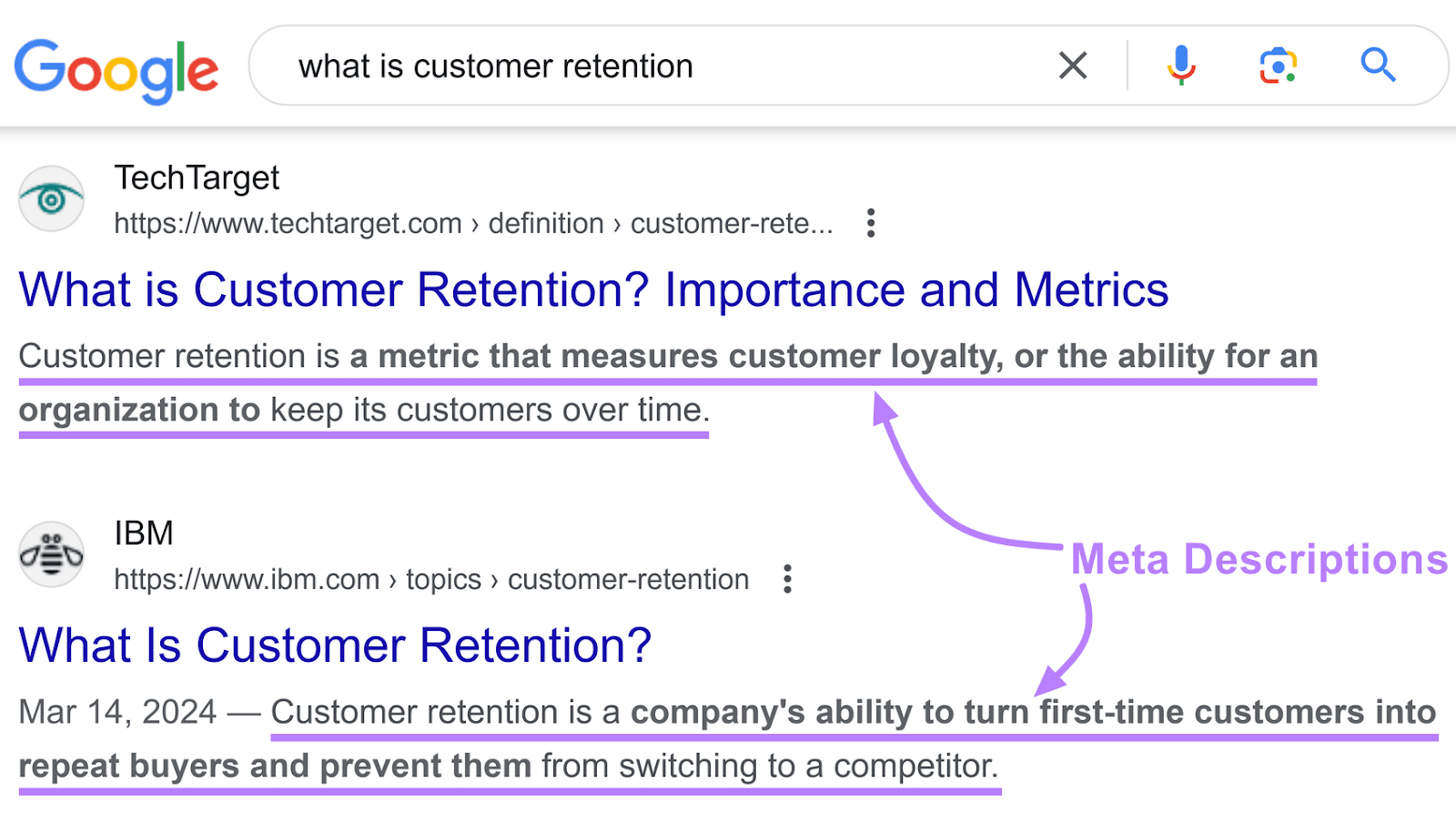 Google search results for "what is customer retention" with drawn arrows pointing to the meta descriptions.