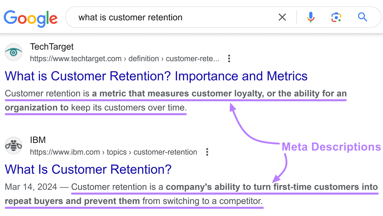 Resultados de la búsqueda en Google de "qué es la retención de clientes" con flechas dibujadas que apuntan a las meta descripciones.