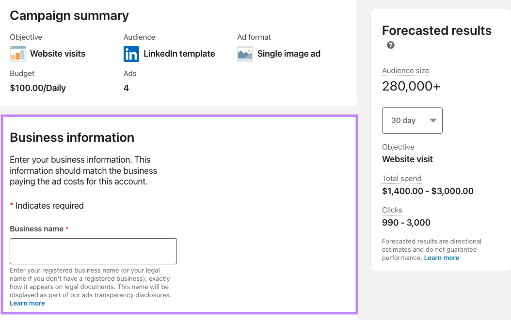 Campaign summary in LinkedIn Ads with business information box highlighted alongside forecasted results