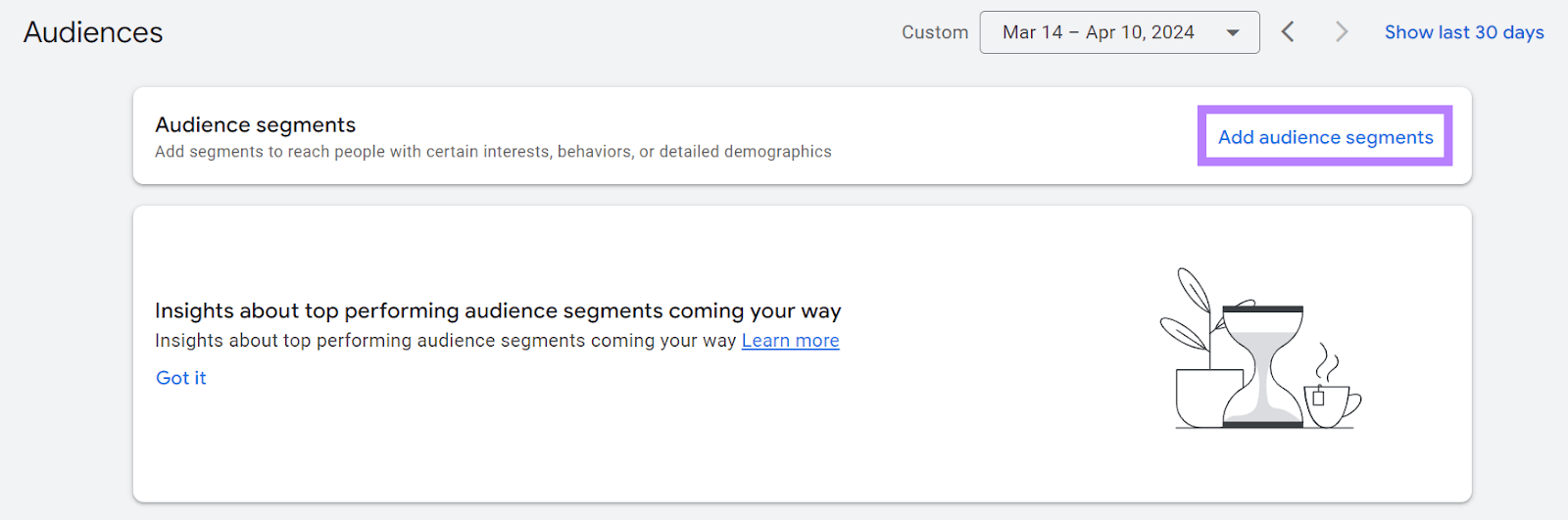 “Add audience segments" button highlighted