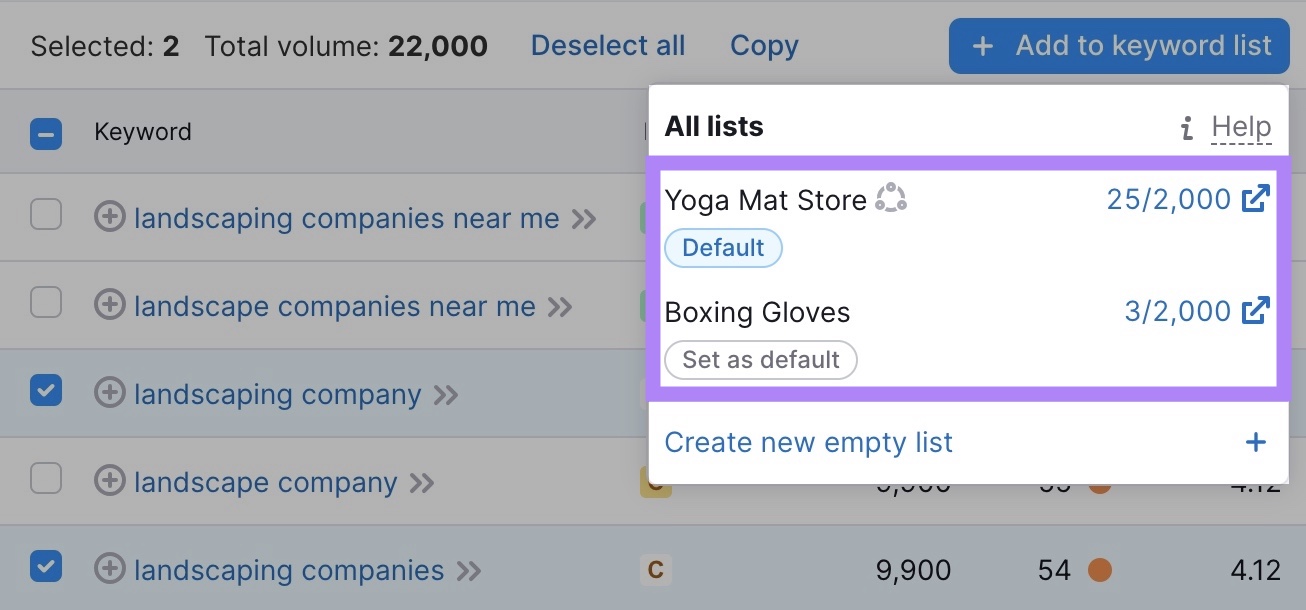 select an existing list from the drop-down menu