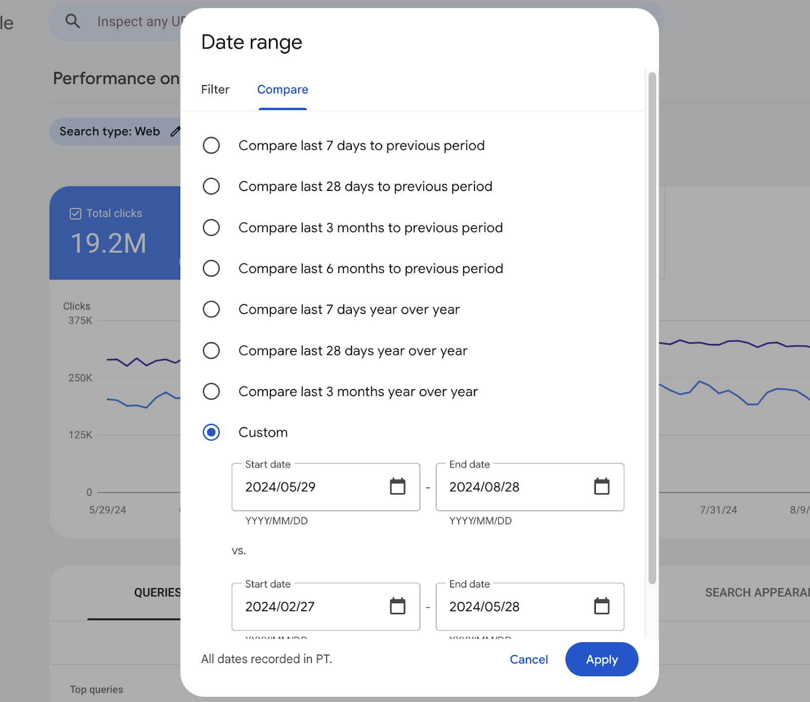 sorting by date in google search console