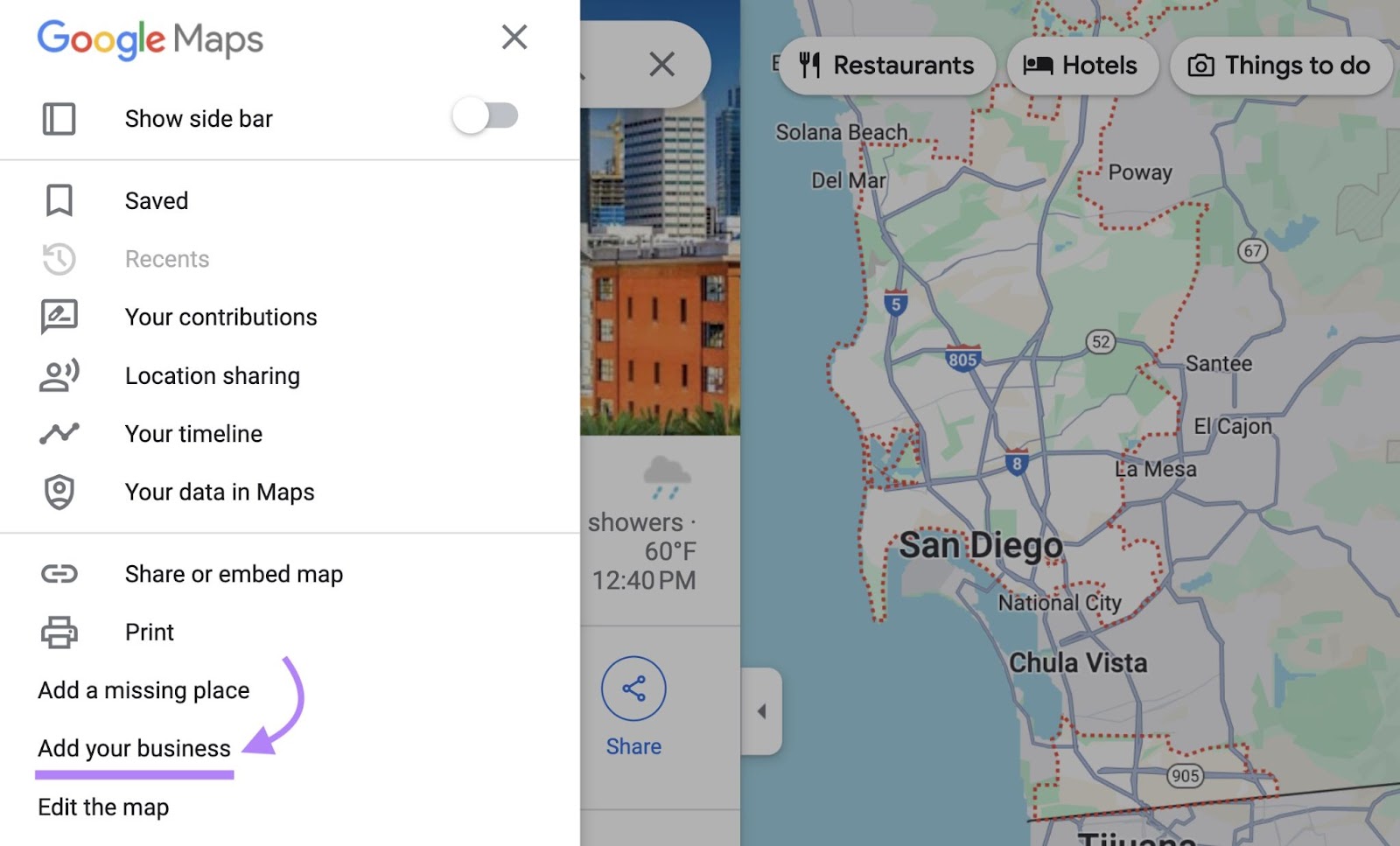 "Add your business" option highlighted in Google Maps menu
