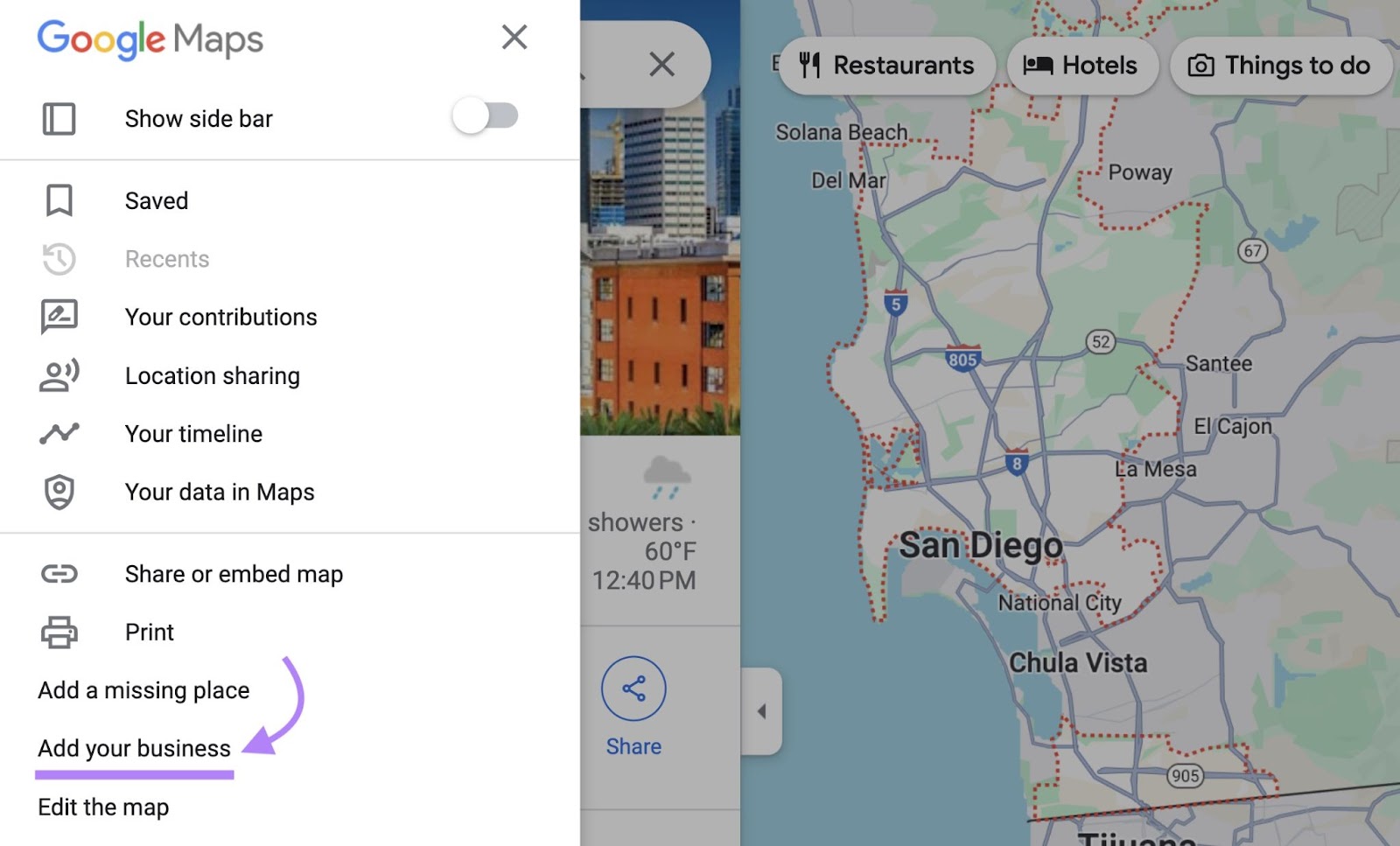 "Add your business" enactment    highlighted successful  Google Maps menu