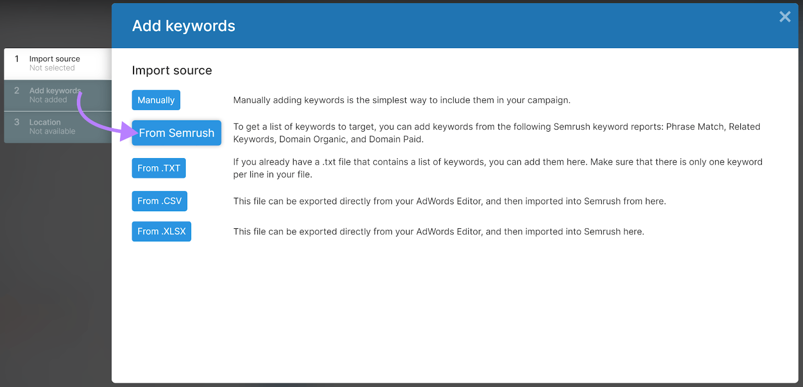Import source popup with arrow pointing to 'From Semrush' button.