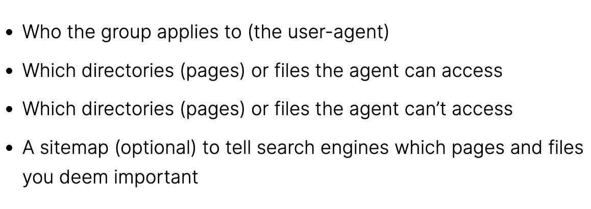 Seções do arquivo robots.txt explicadas em texto