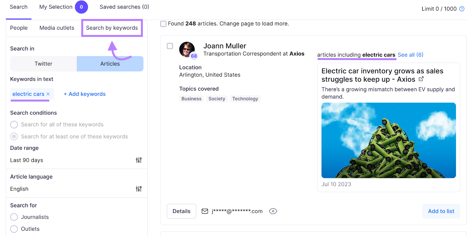 Prowly lets your search media contacts by keyword or topic