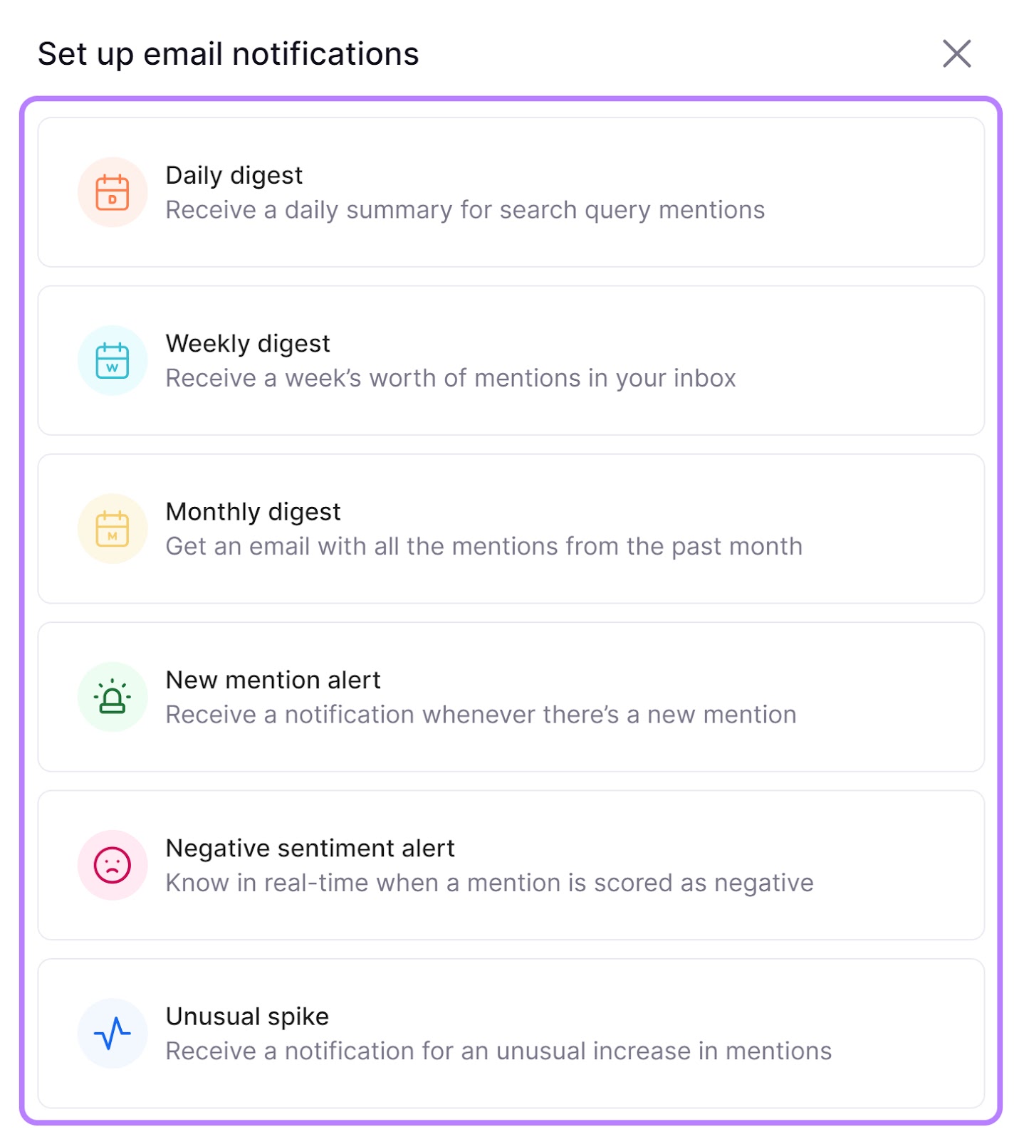 "Set up email notifications" window in Brand Monitoring app
