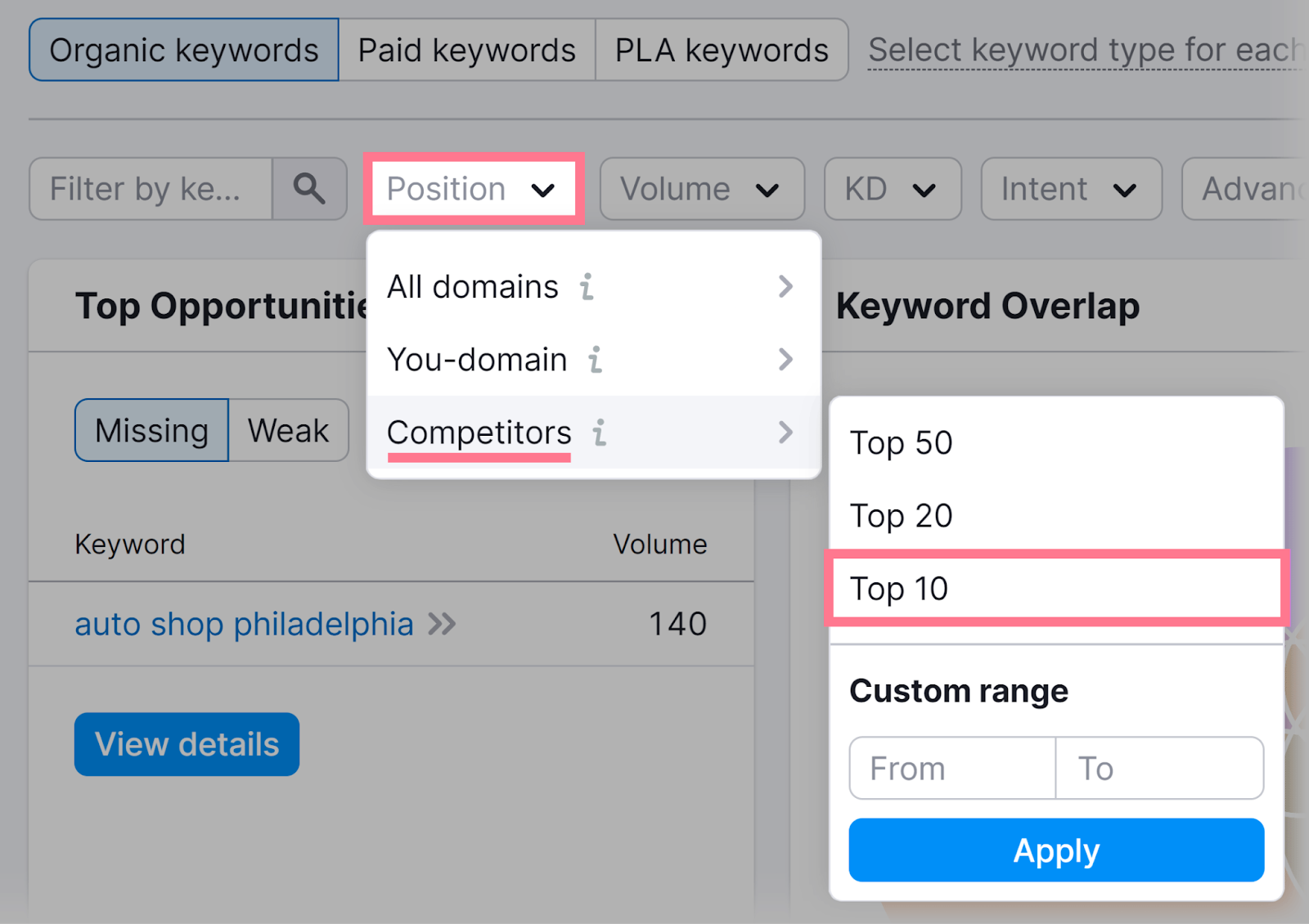 apply "top 10" filter to find your rivals’ most relevant keywords