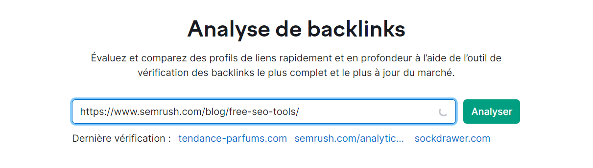 Champ de saisie d'Analyse de backlinks de Semrush avec une url d'un article de blog de Semrush