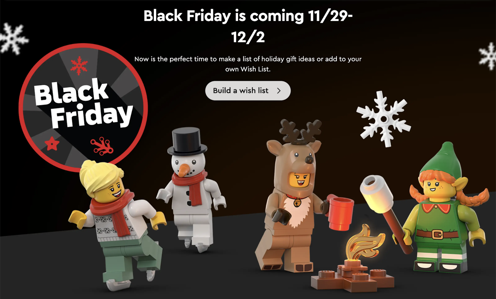 The landing page features lego characters in a wintery scene as a snowman, reindeer, elf, and more.