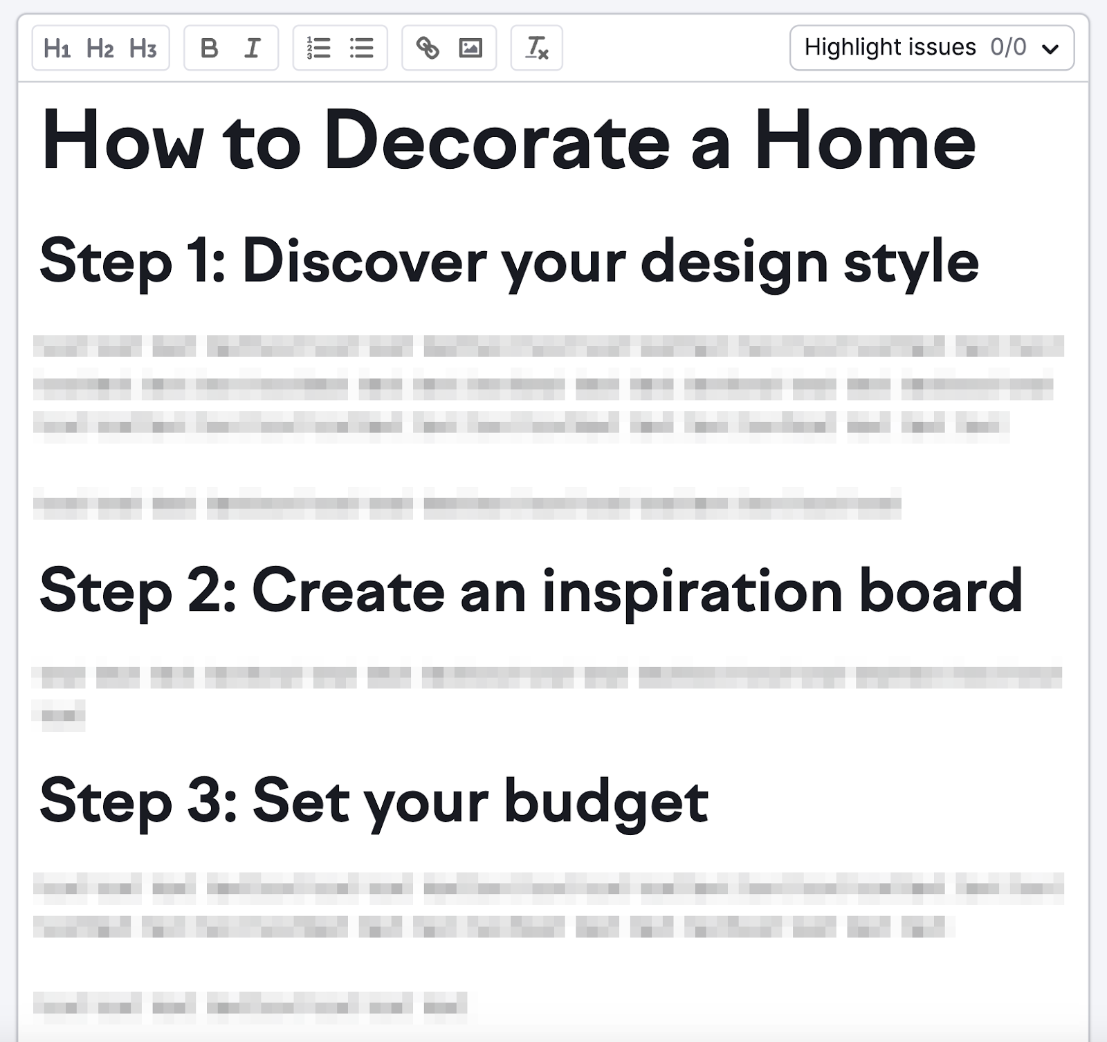 An step-by-step H2s outline in an "How to Decorate a Home" article