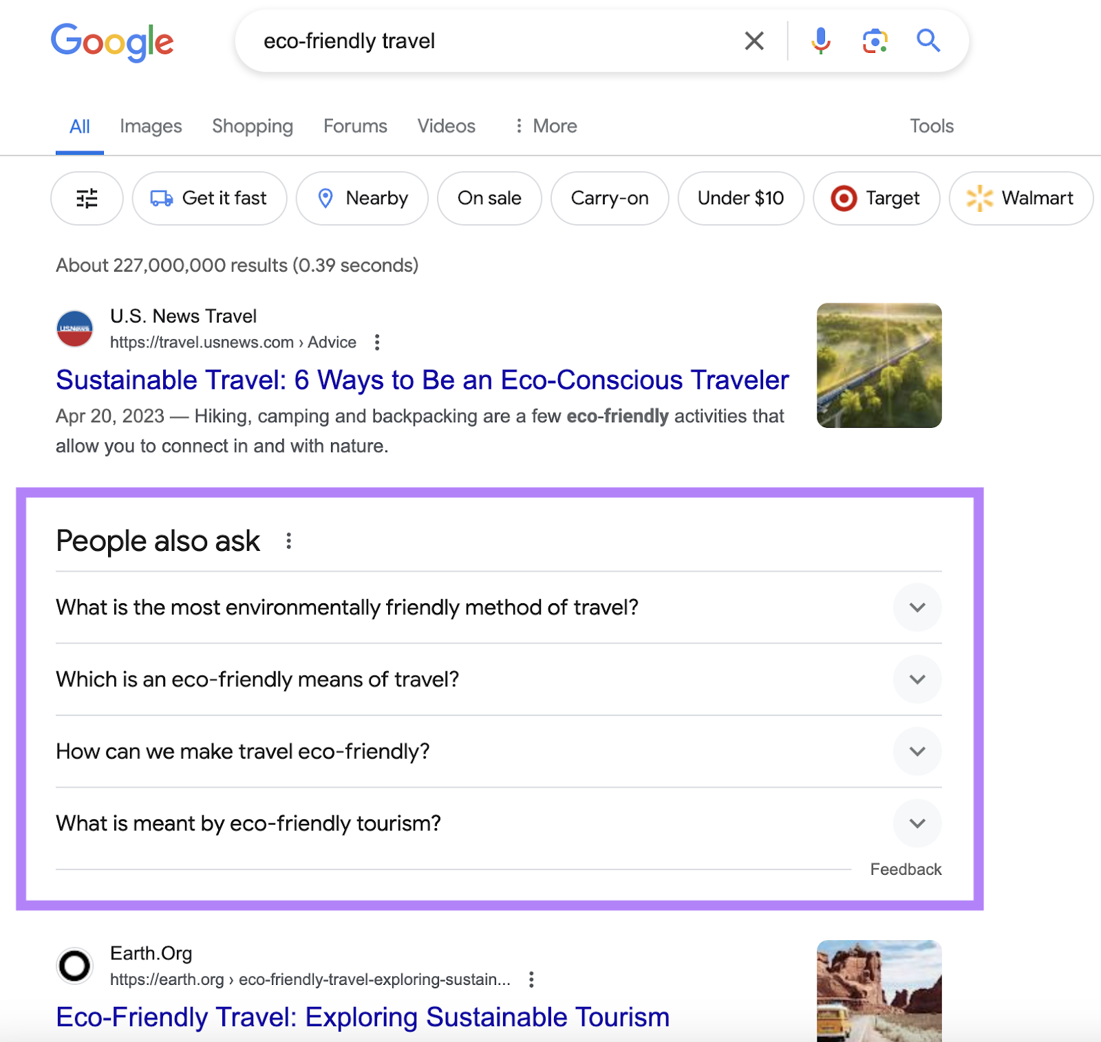 Google search results for "eco-friendly travel" showing the presence of a People Also Ask box.