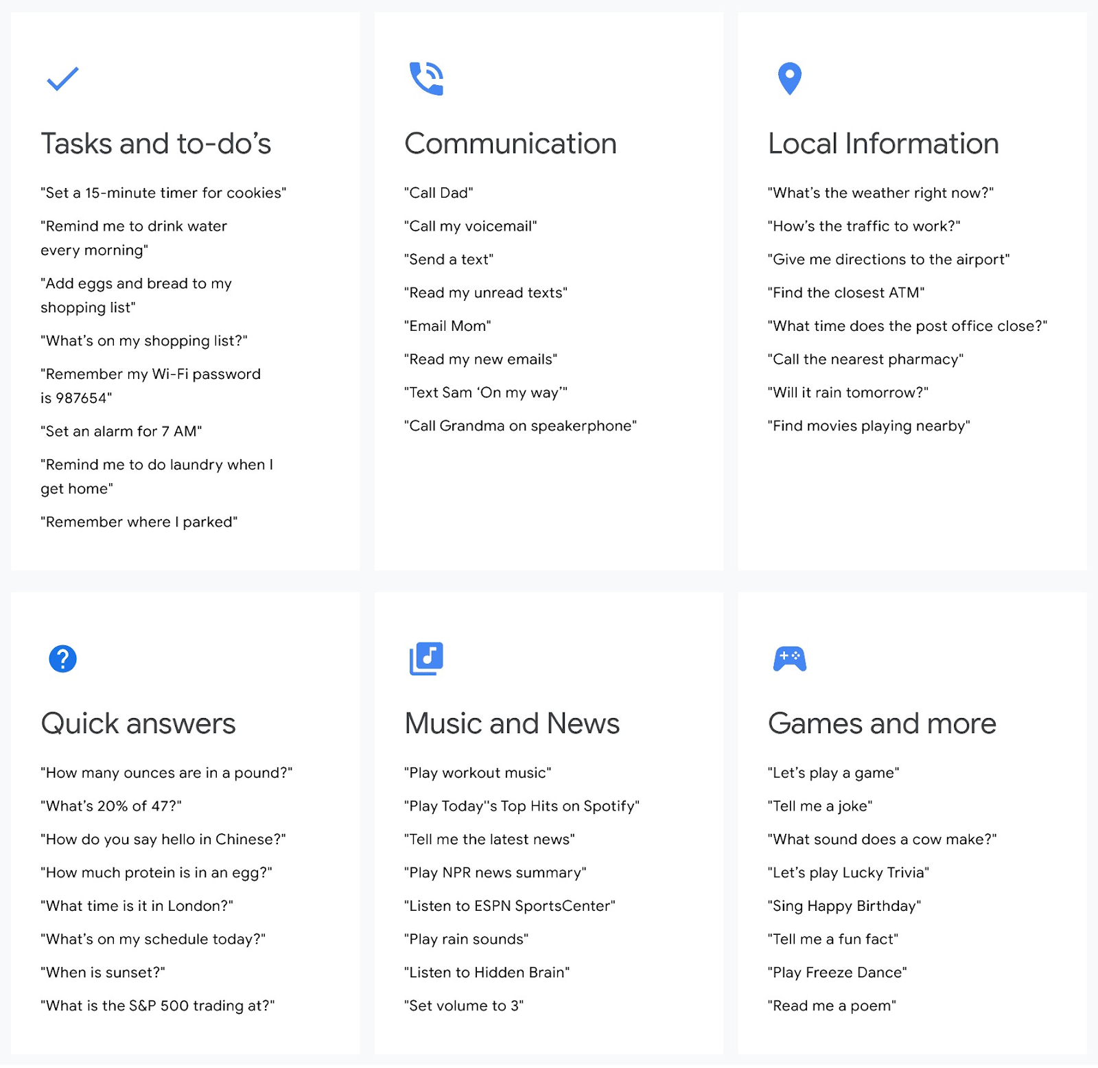 A list of commands you can ask Google Assistant to do for you