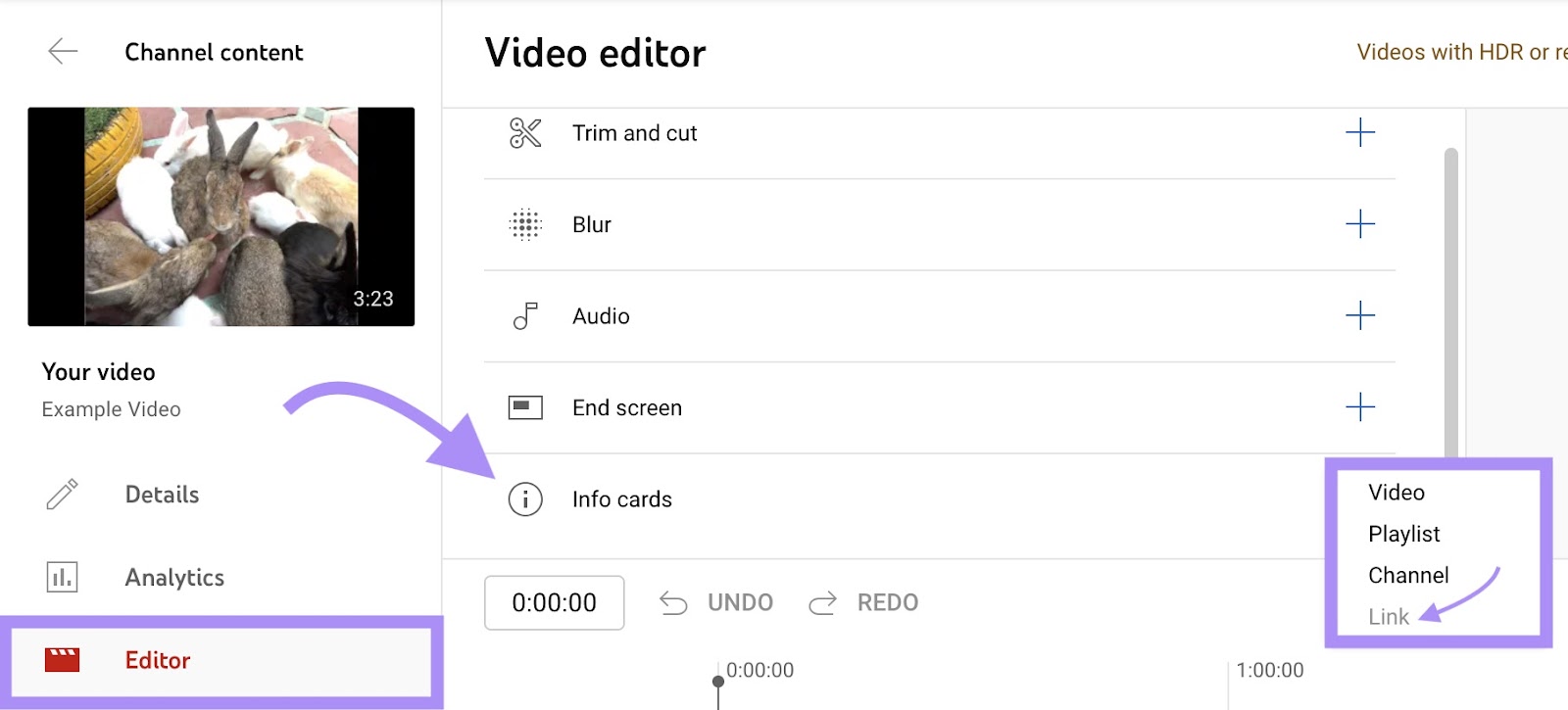 "Link" option selected next to "Info cards" in YouTube Studio