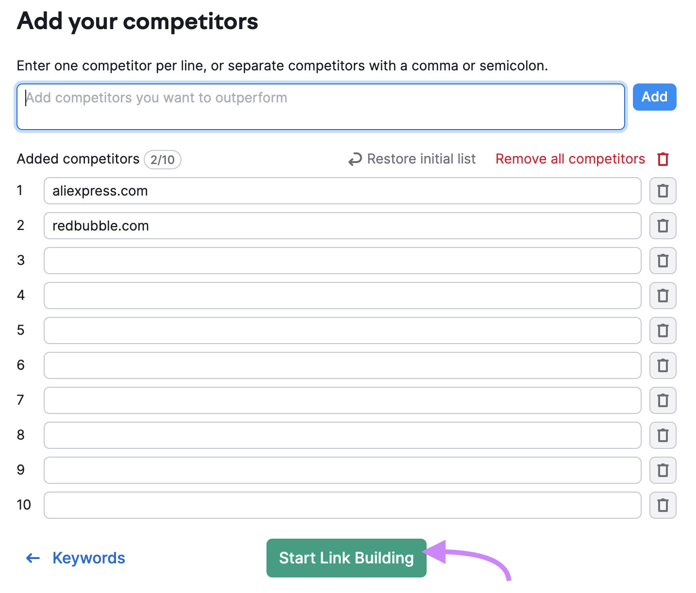 Page de configuration "Ajoutez vos concurrents"