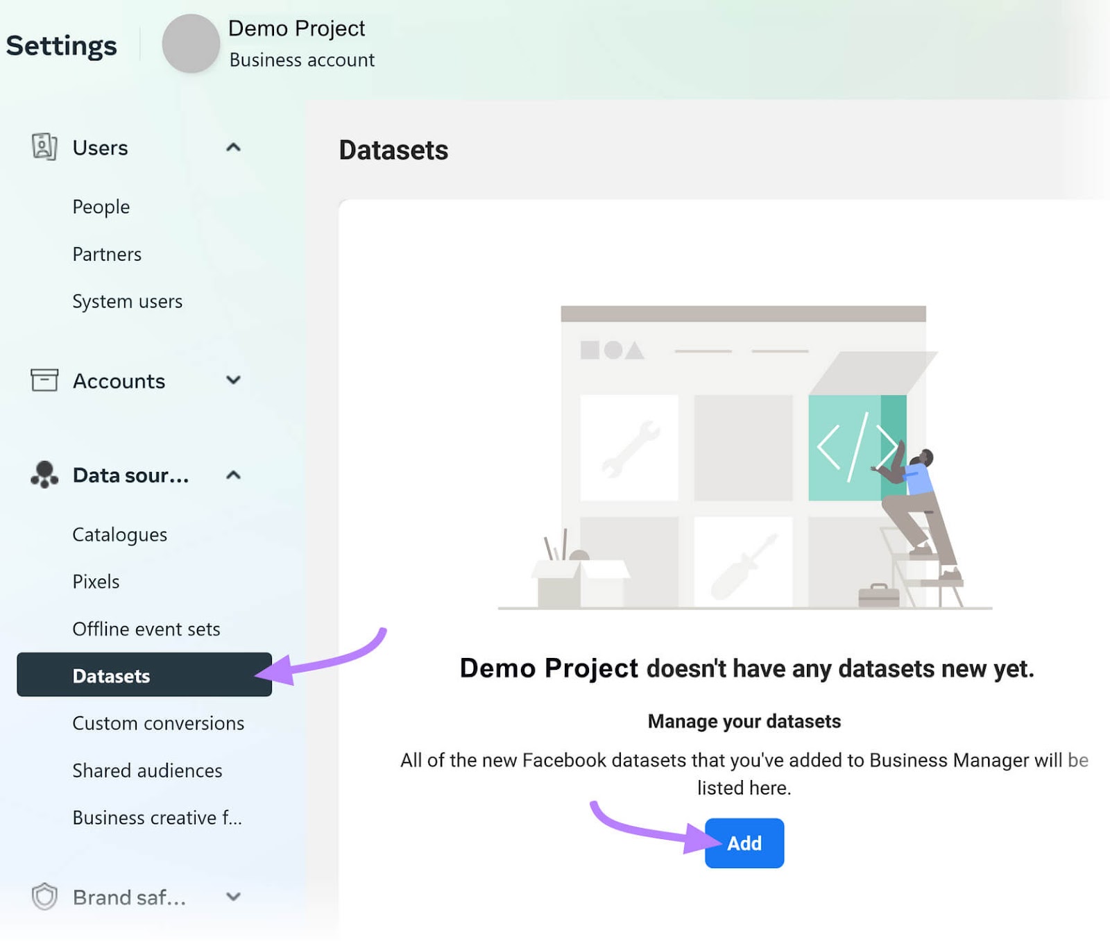 “Datasets" section of the “Business settings” page