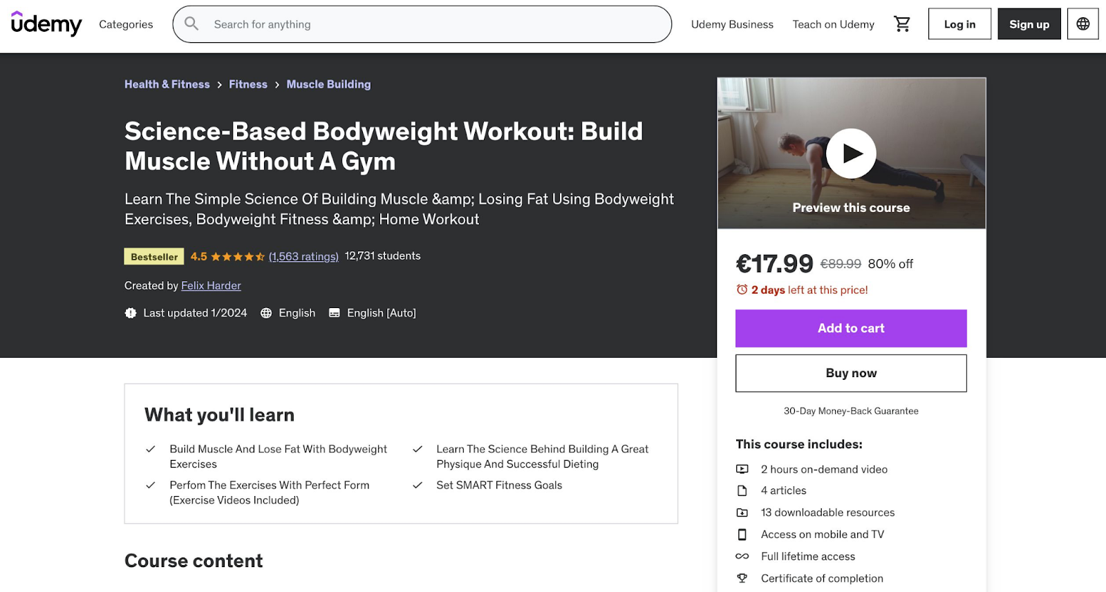 Udemy course "Science-Based Bodyweight Workout: Build Muscle without a Gym" landing page