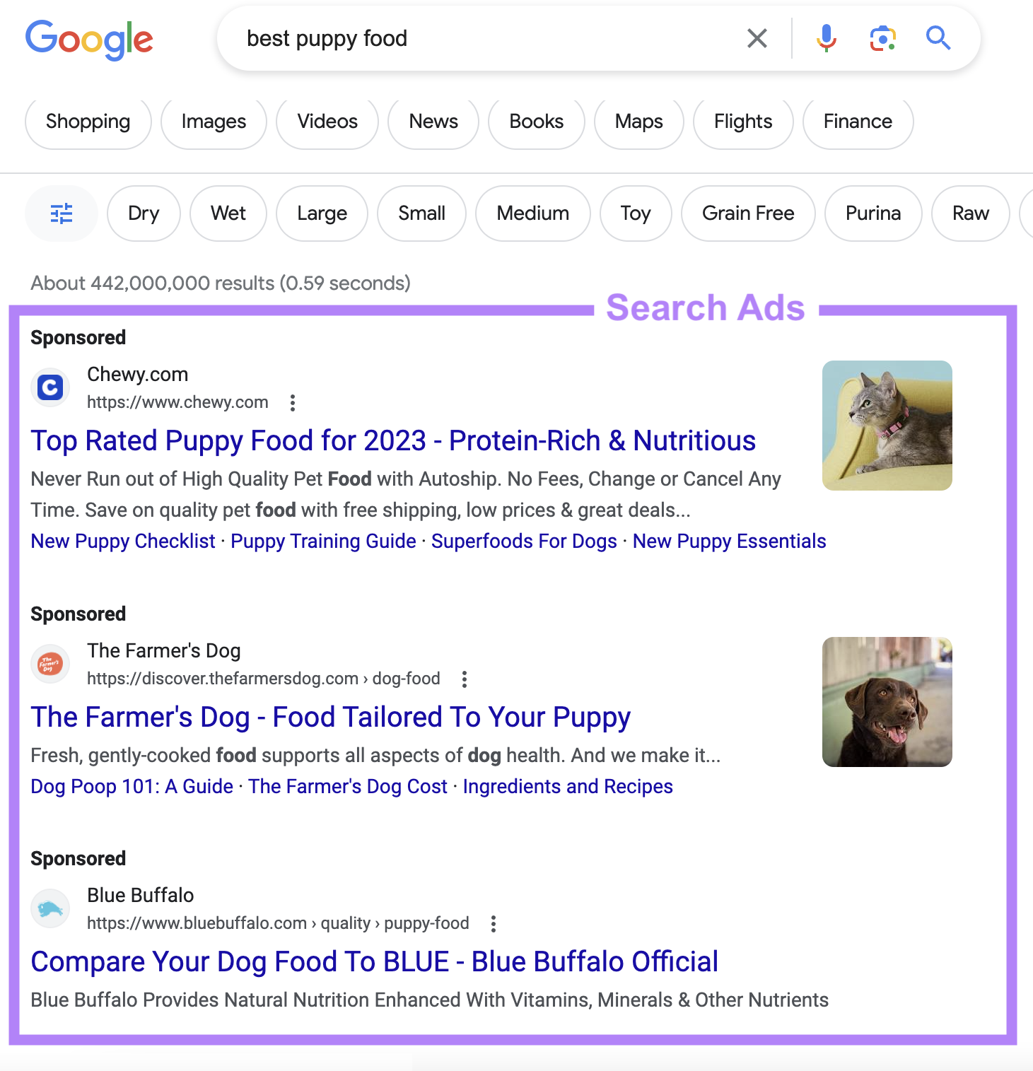 Google search for “best puppy food” shows sponsored ads from pet food companies