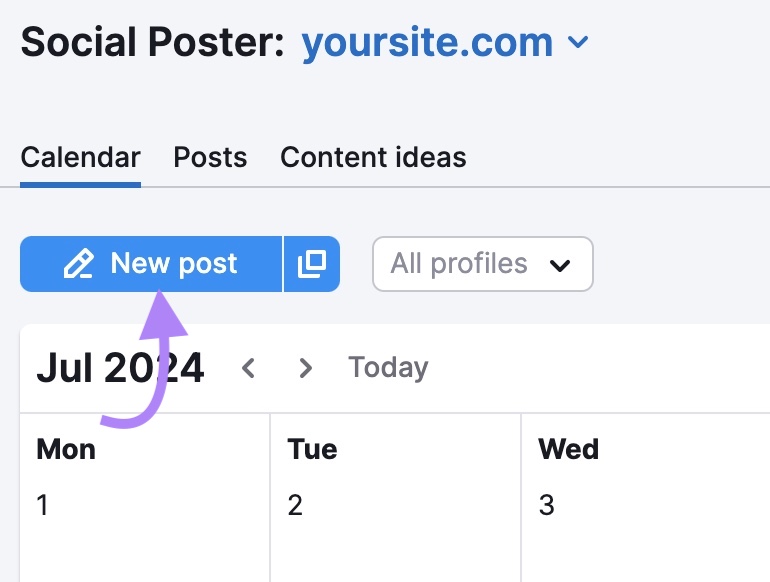 "New post" connected  the apical  near  of Semrush's Social Poster clicked