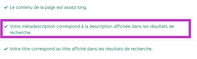 Meta description correspond à celle affichée sur la SERP