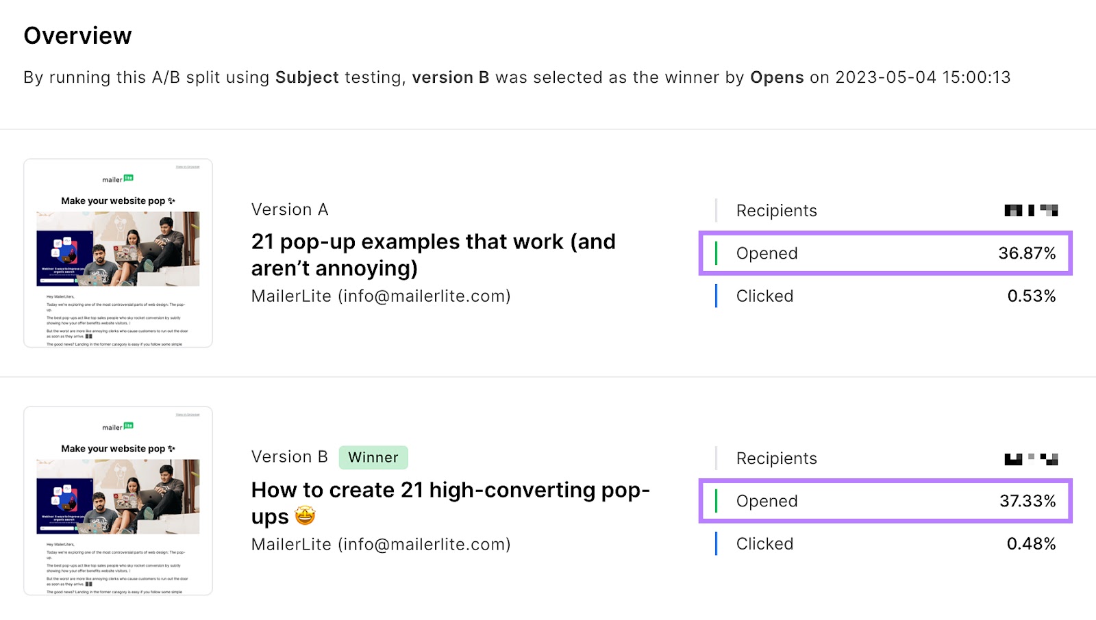 MailerLite's "Overview" section showing two emails with different subject lines.