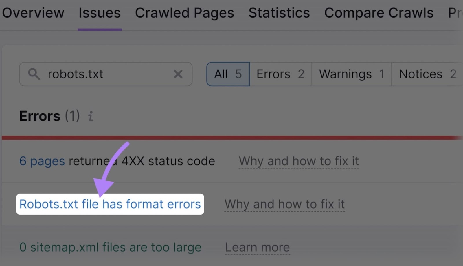 "Robots.txt file has format errors" issue in Site Audit tool