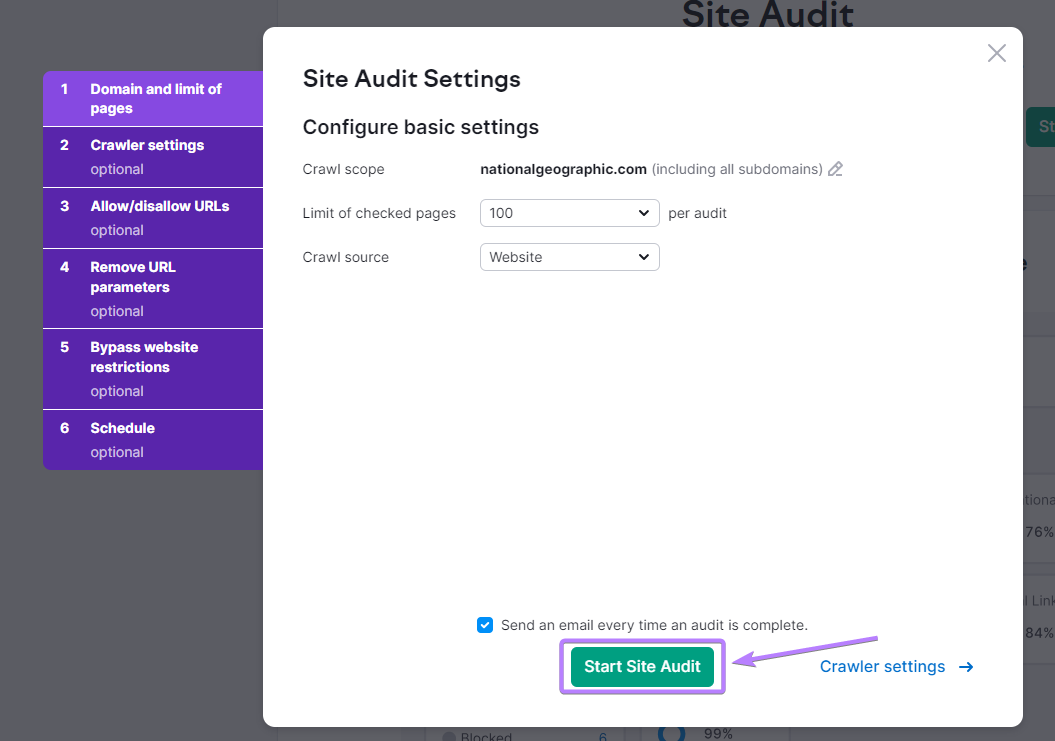 "Site Audit Settings" page