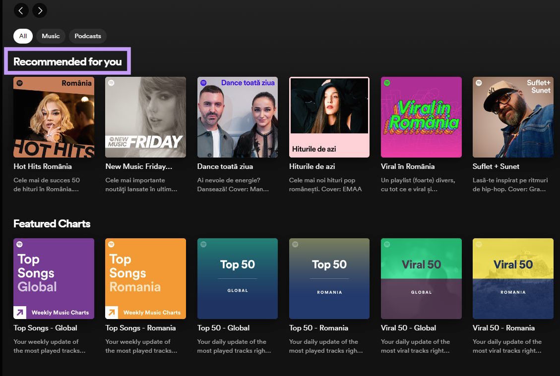 Spotify dashboard showing customized  recommendations based connected  the users location, preferences and browsing history.