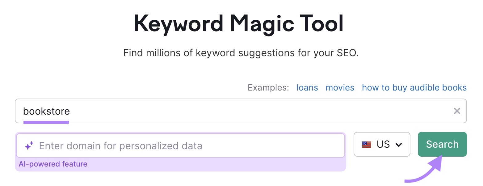 Keyword Magic Tool start page with "bookstore" entered as the seed keyword and the "Search" button clicked.
