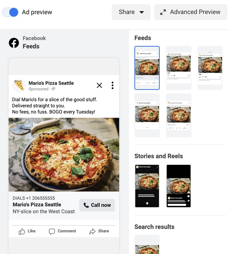 Ad preview page for Mario's Pizza Seattle Facebook ad